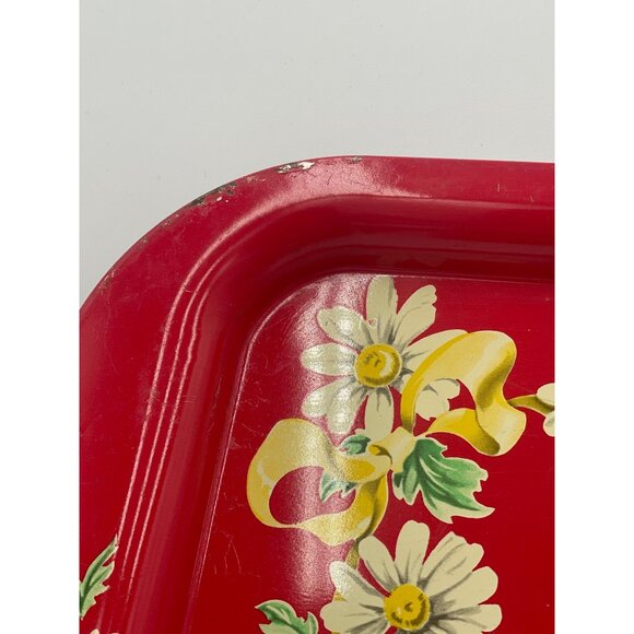 Vintage Red Metal Daisy Floral Serving Tray1950’s Mid-Century  Daisy Border - Picture 3 of 8